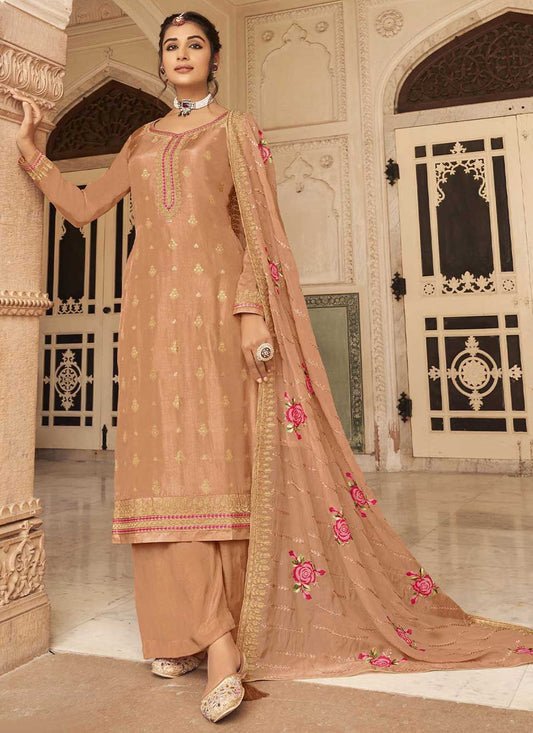 Floor Lenght Salwar Suit Jacquard Pure Dola Brown Embroidered Salwar Kameez