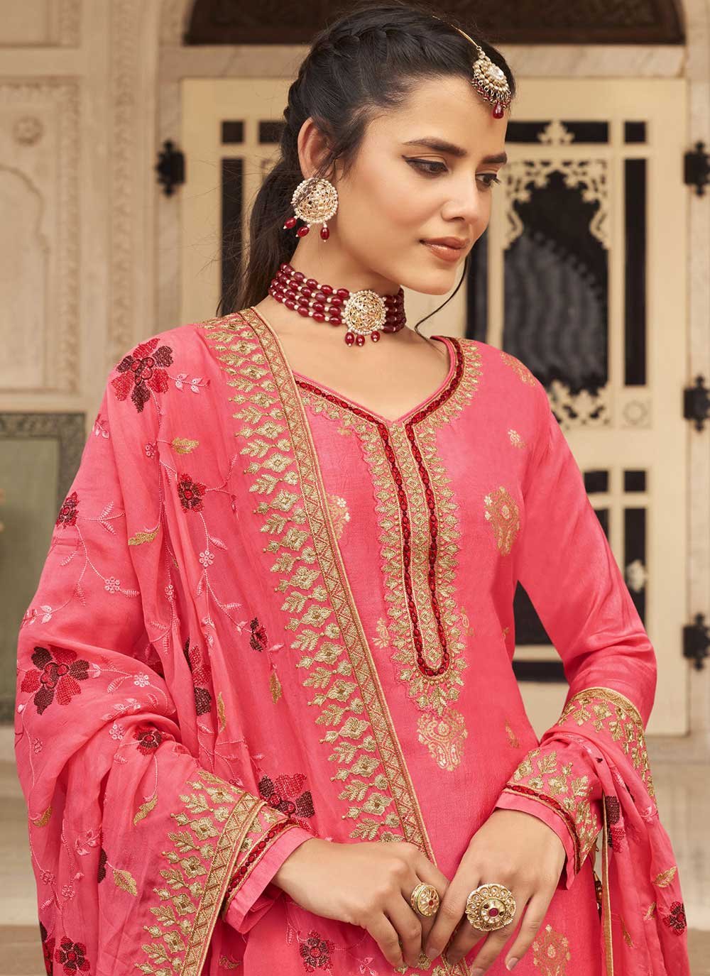 Floor Lenght Salwar Suit Jacquard Pure Dola Pink Embroidered Salwar Kameez