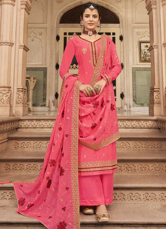 Floor Lenght Salwar Suit Jacquard Pure Dola Pink Embroidered Salwar Kameez