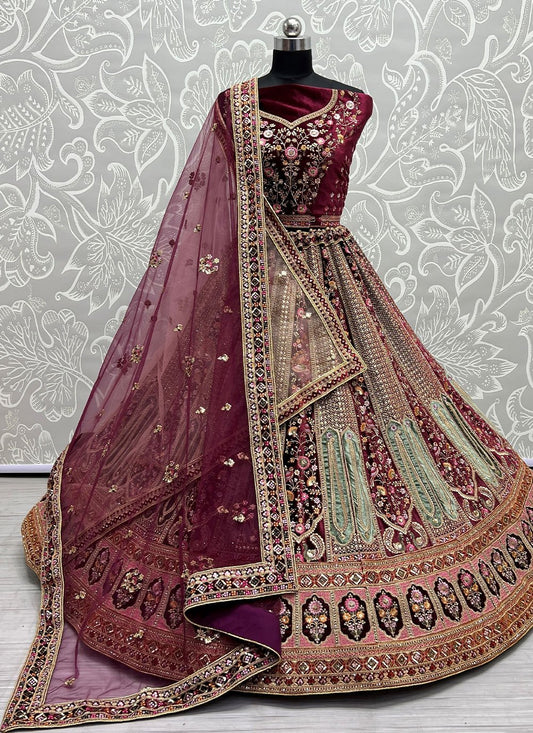 A Line Lehenga Velvet Purple Diamond Lehenga Choli