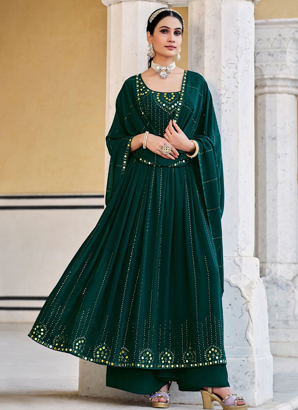 Anarkali Suit Georgette Green Embroidered Salwar Kameez