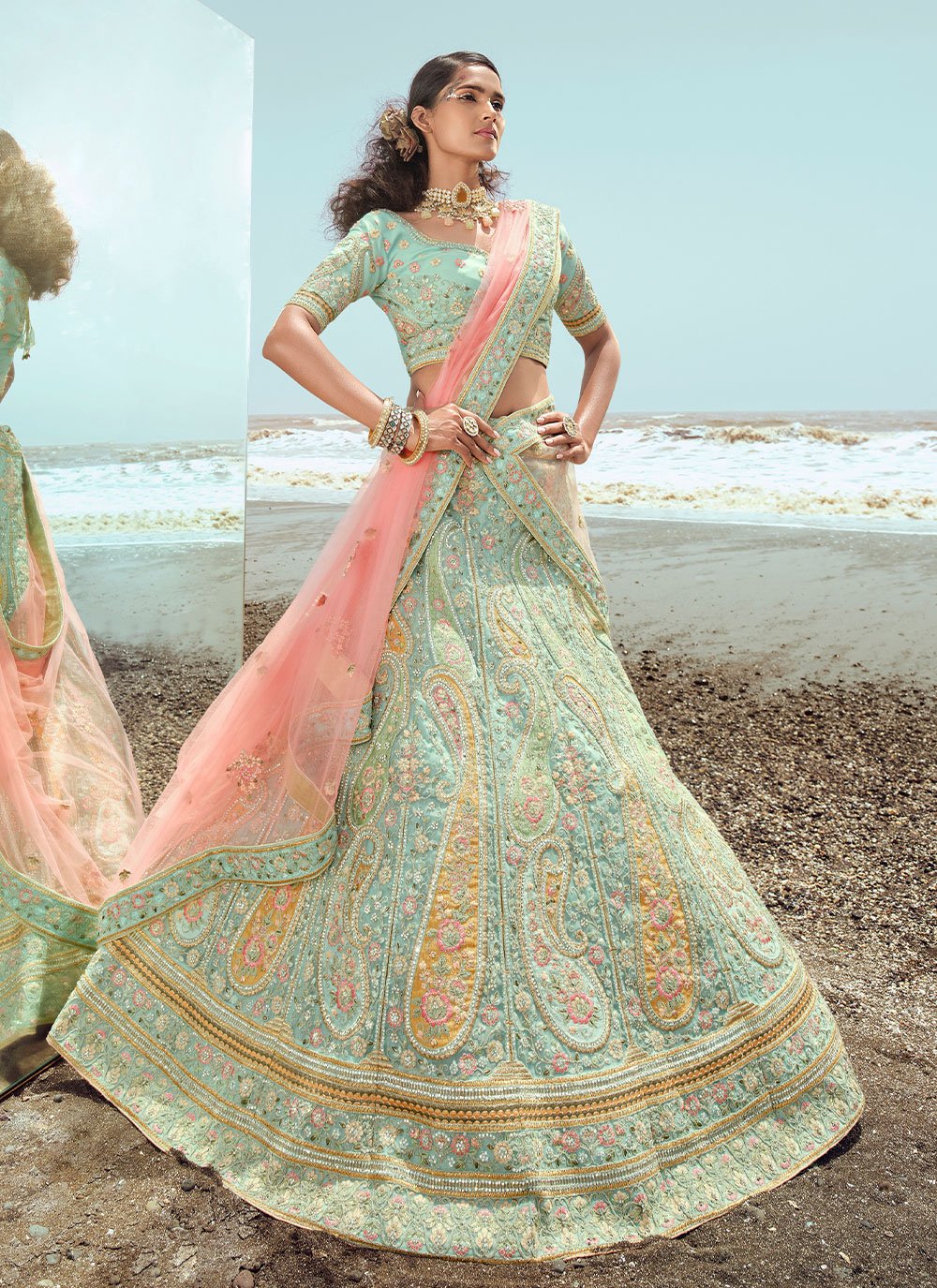 A Line Lehenga Organza Sea Green Dori Work Lehenga Choli