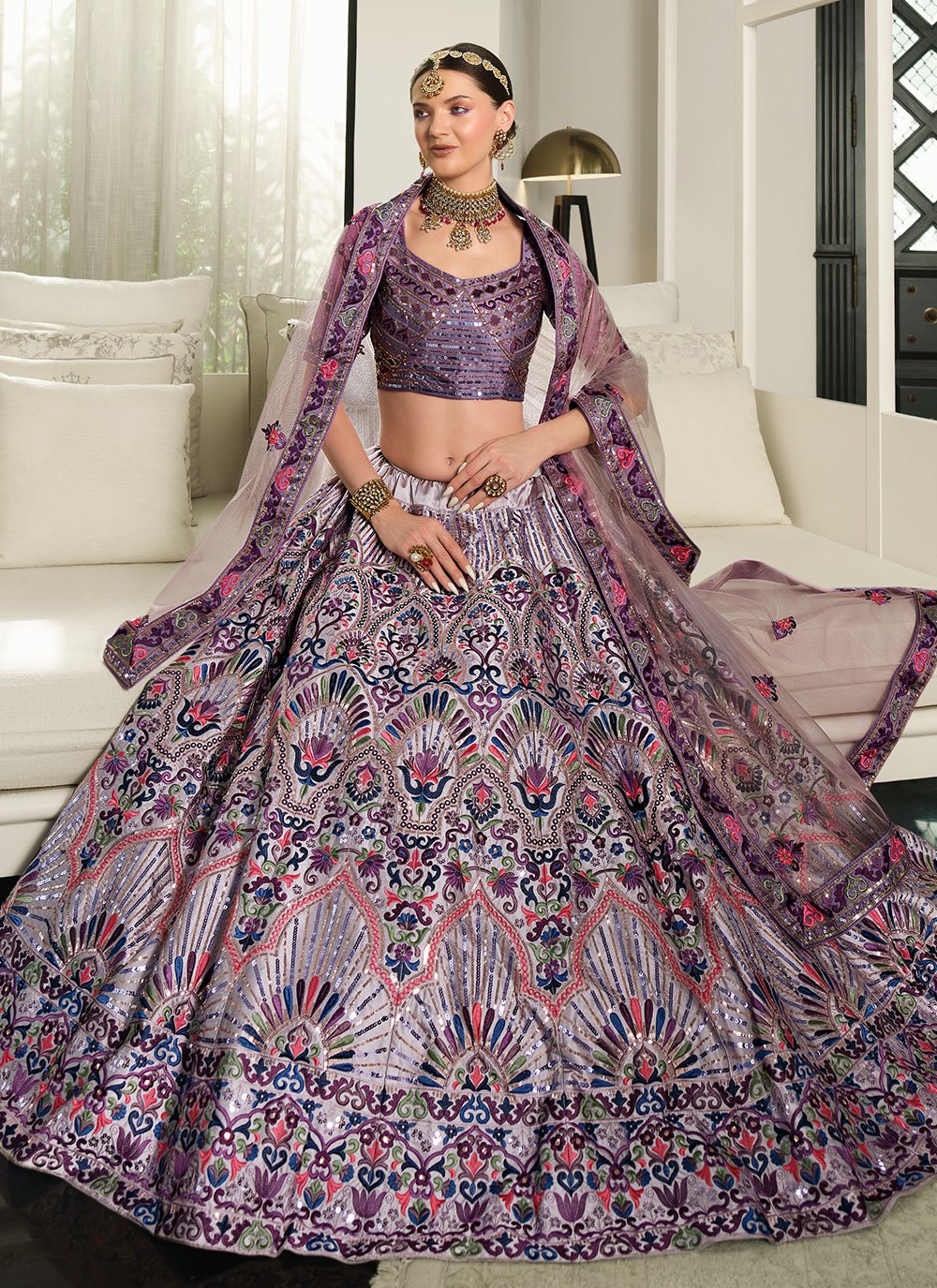 A Line Lehenga Silk Purple Embroidered Lehenga Choli