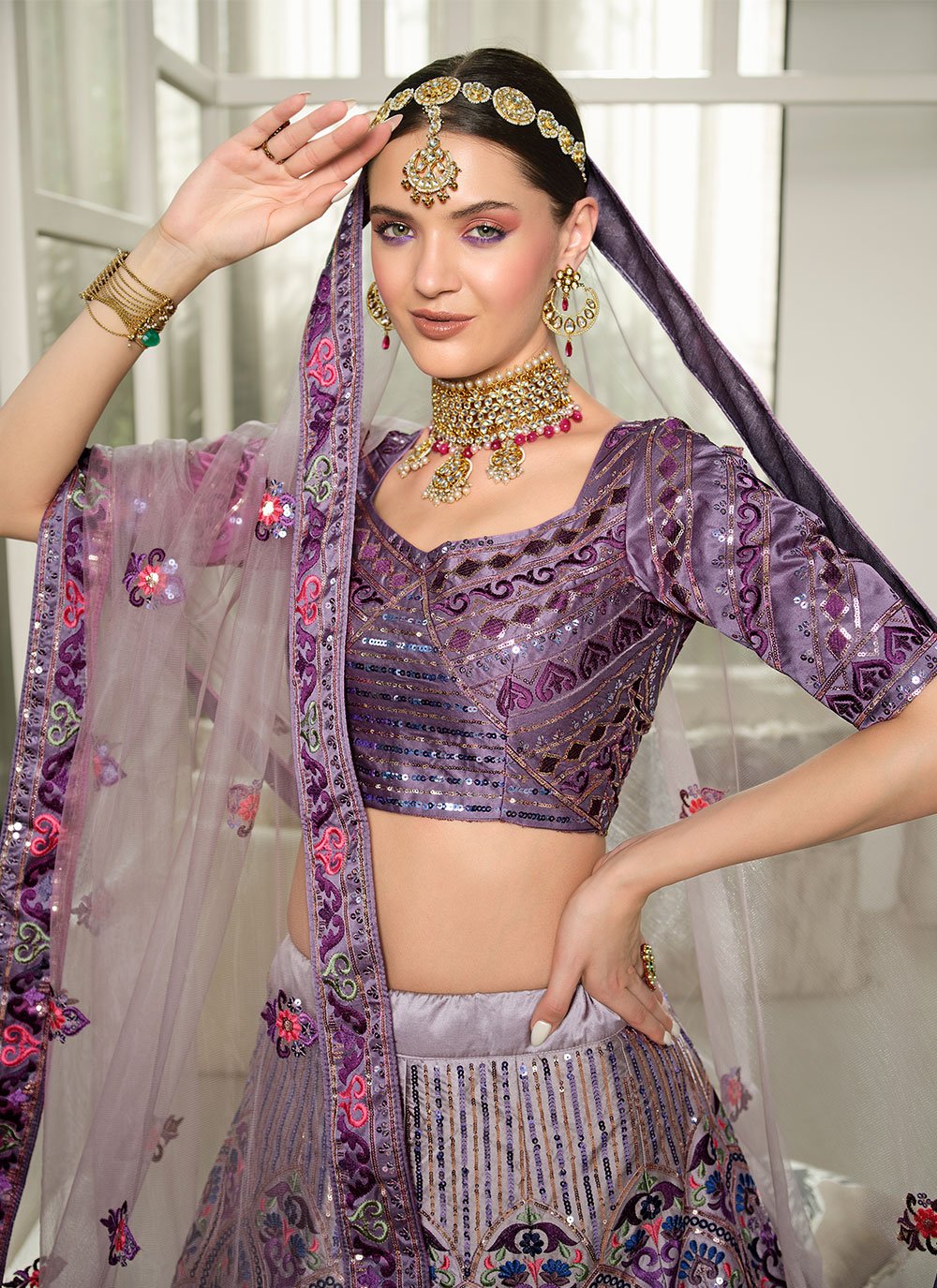 A Line Lehenga Silk Purple Embroidered Lehenga Choli