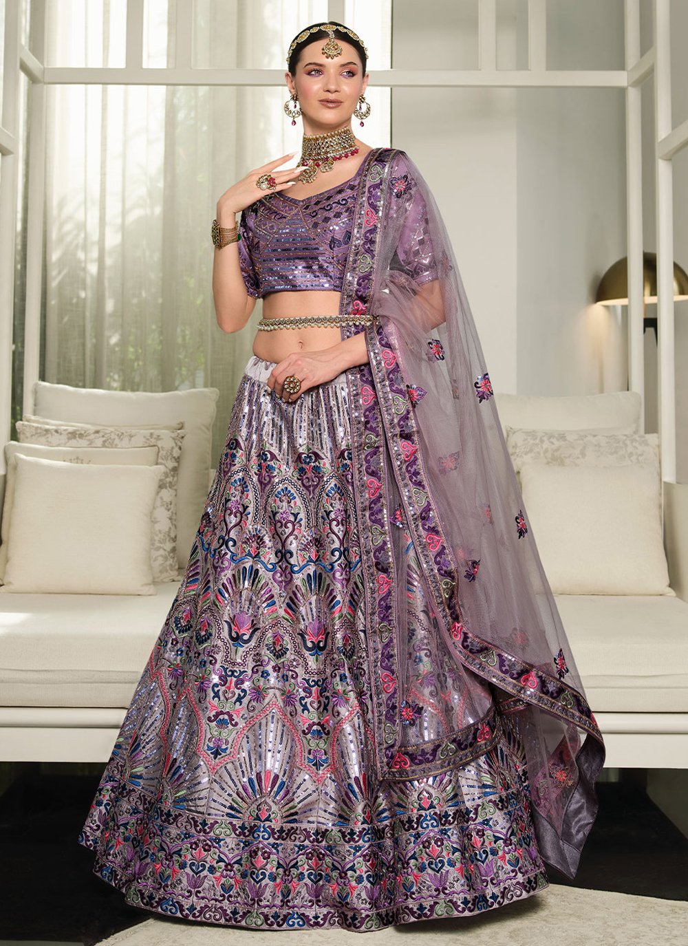 A Line Lehenga Silk Purple Embroidered Lehenga Choli