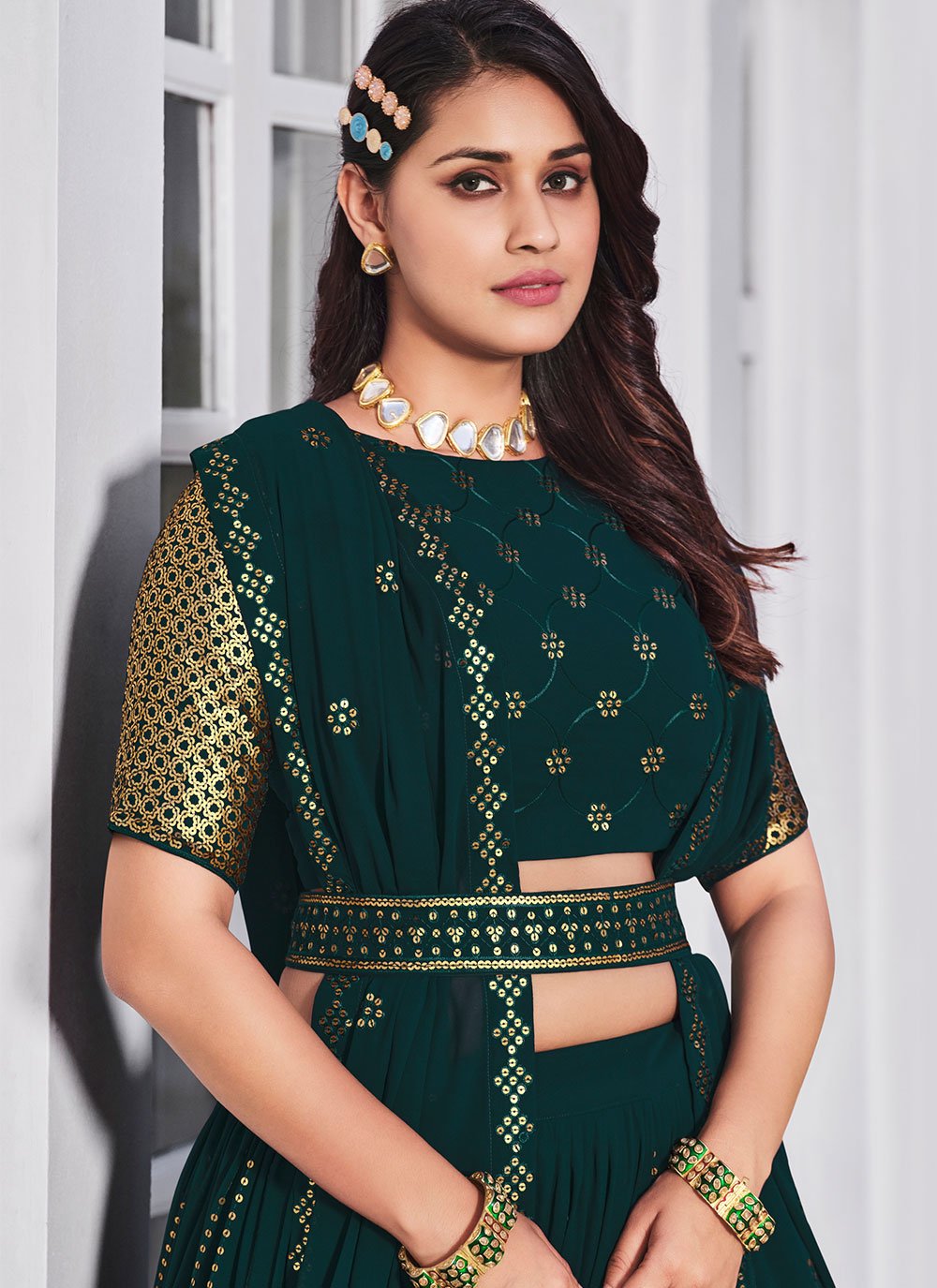 A Line Lehenga Georgette Teal Embroidered Lehenga Choli