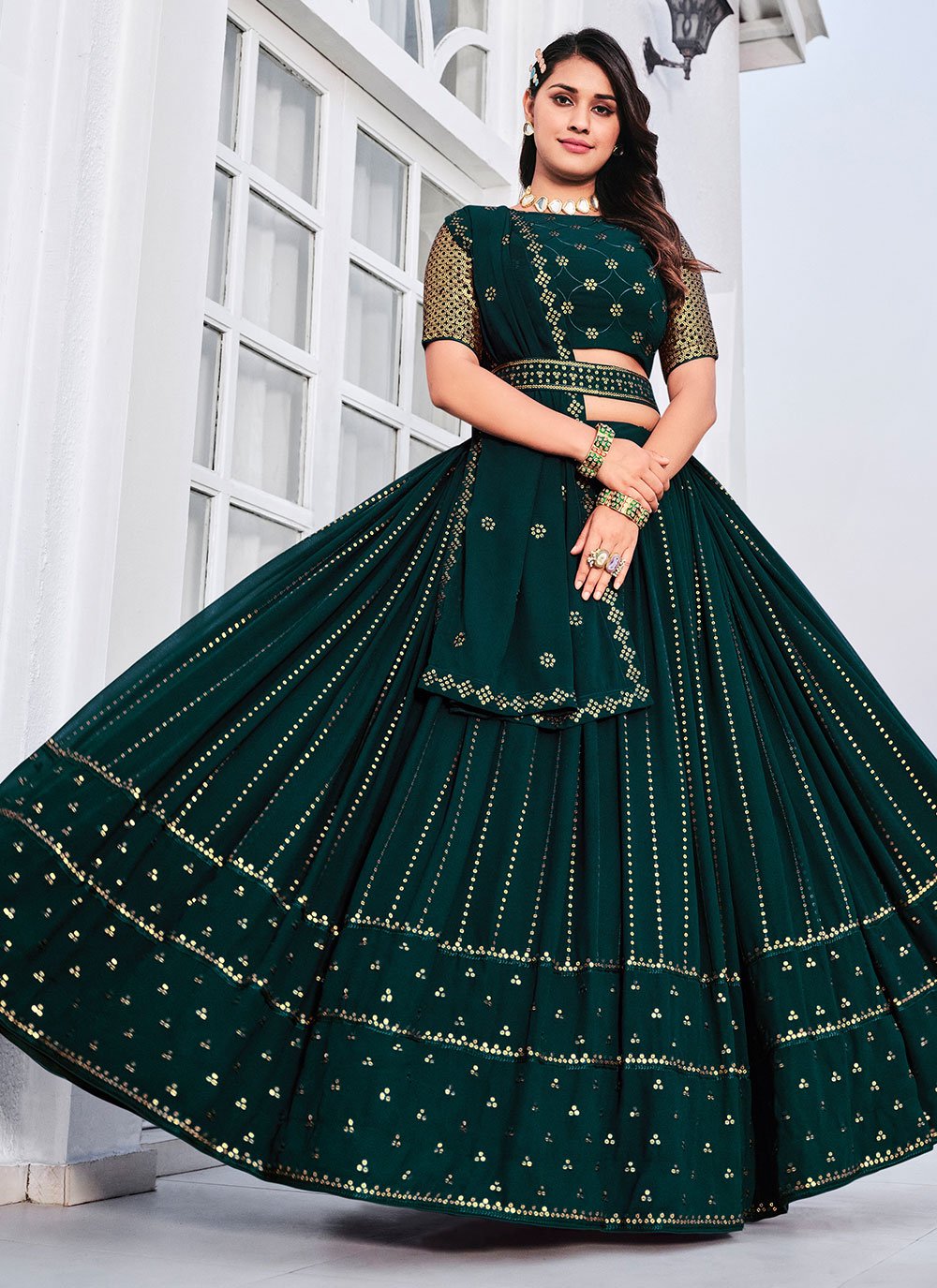 A Line Lehenga Georgette Teal Embroidered Lehenga Choli