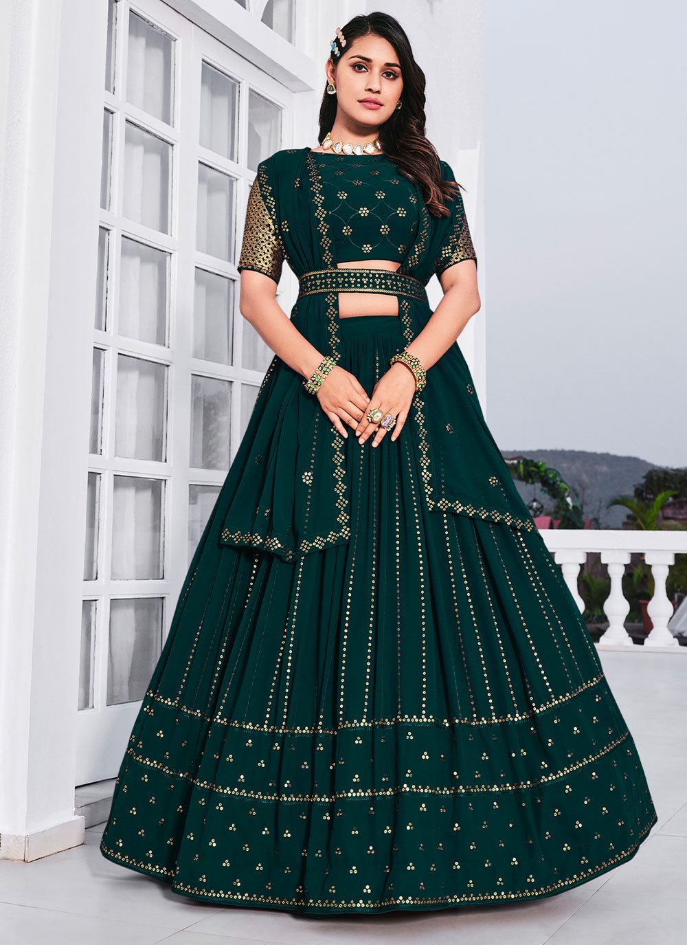 A Line Lehenga Georgette Teal Embroidered Lehenga Choli