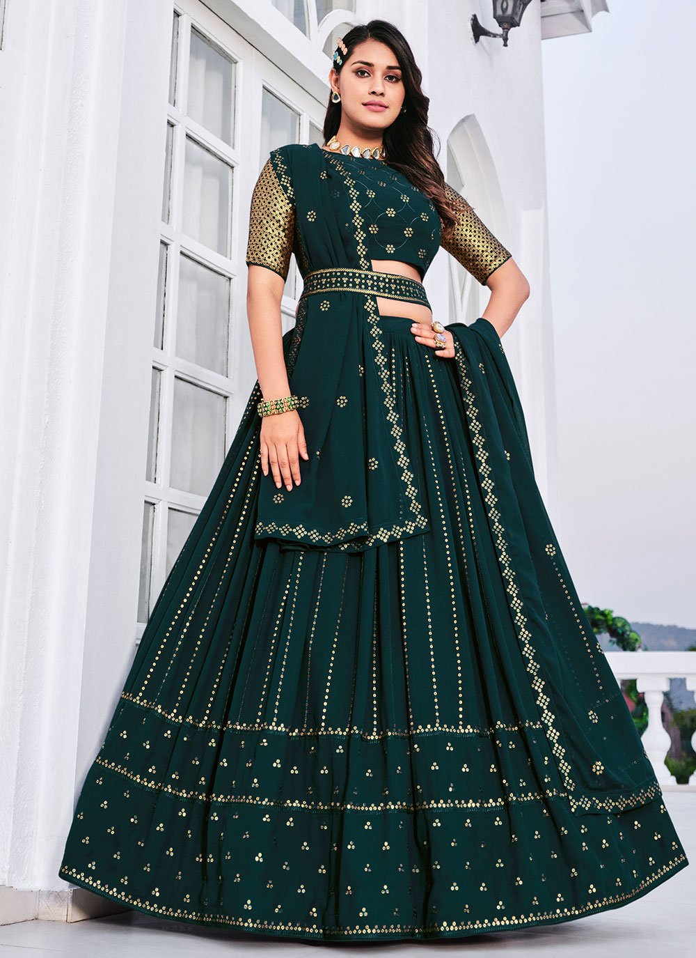 A Line Lehenga Georgette Teal Embroidered Lehenga Choli