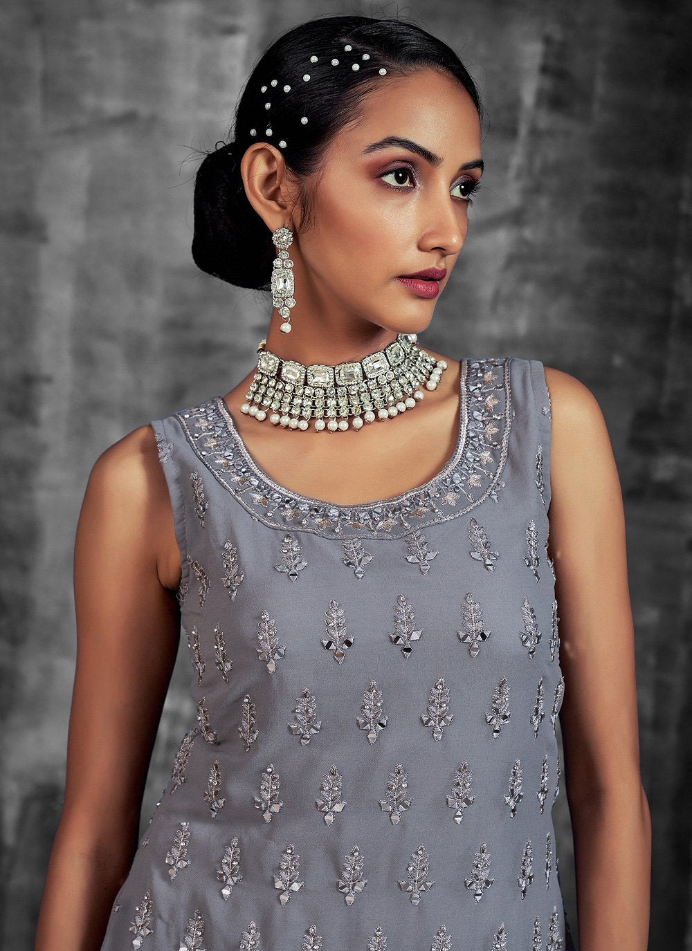 Salwar Suit Georgette Grey Mirror Salwar Kameez