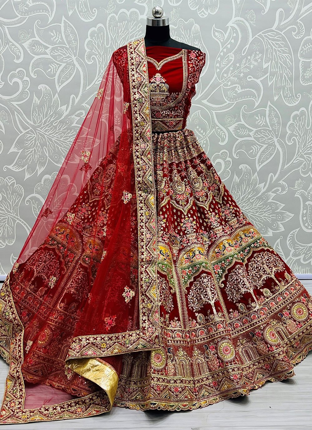 A Line Lehenga Velvet Red Diamond Lehenga Choli