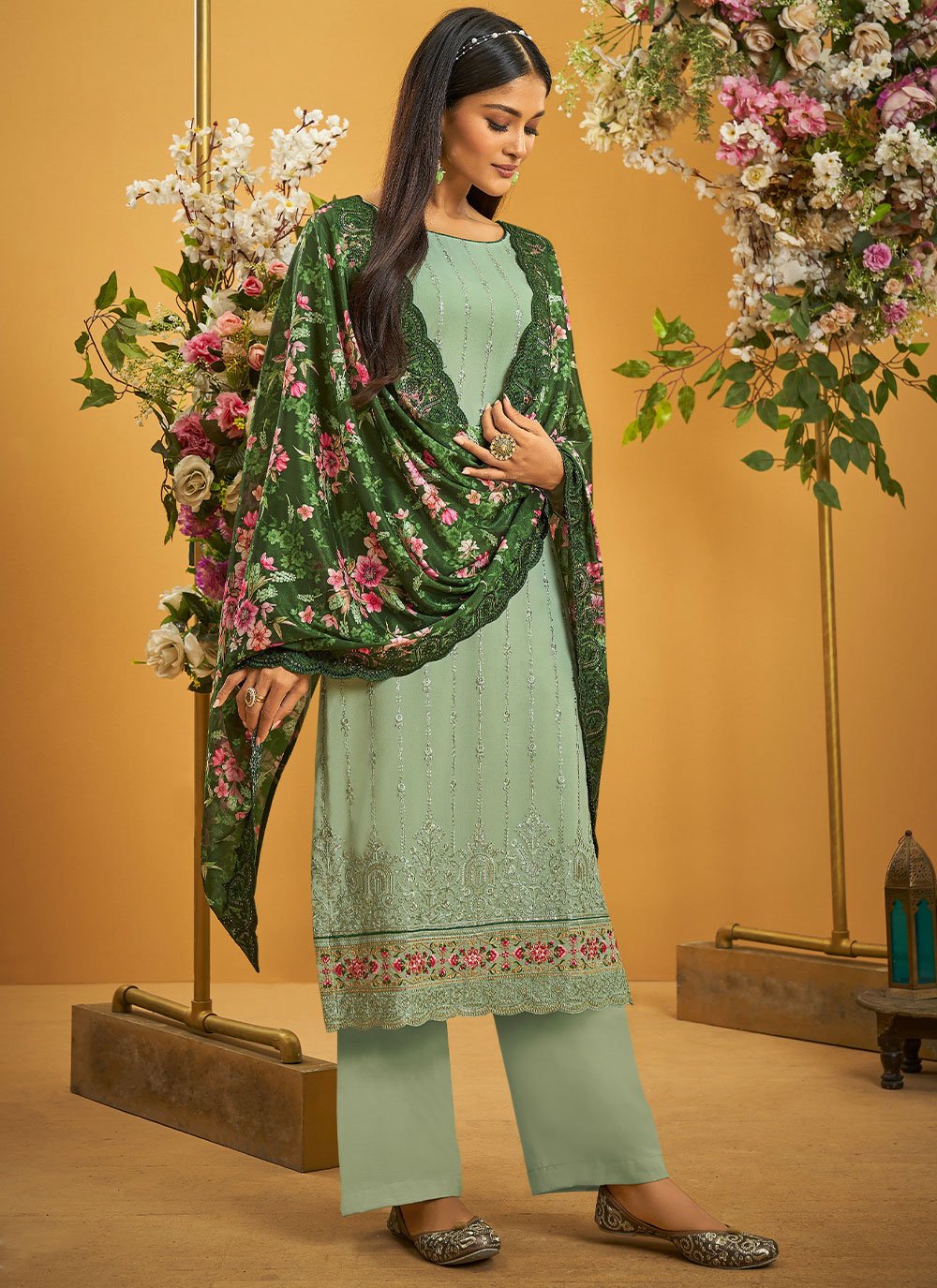 Salwar Suit Georgette Green Embroidered Salwar Kameez