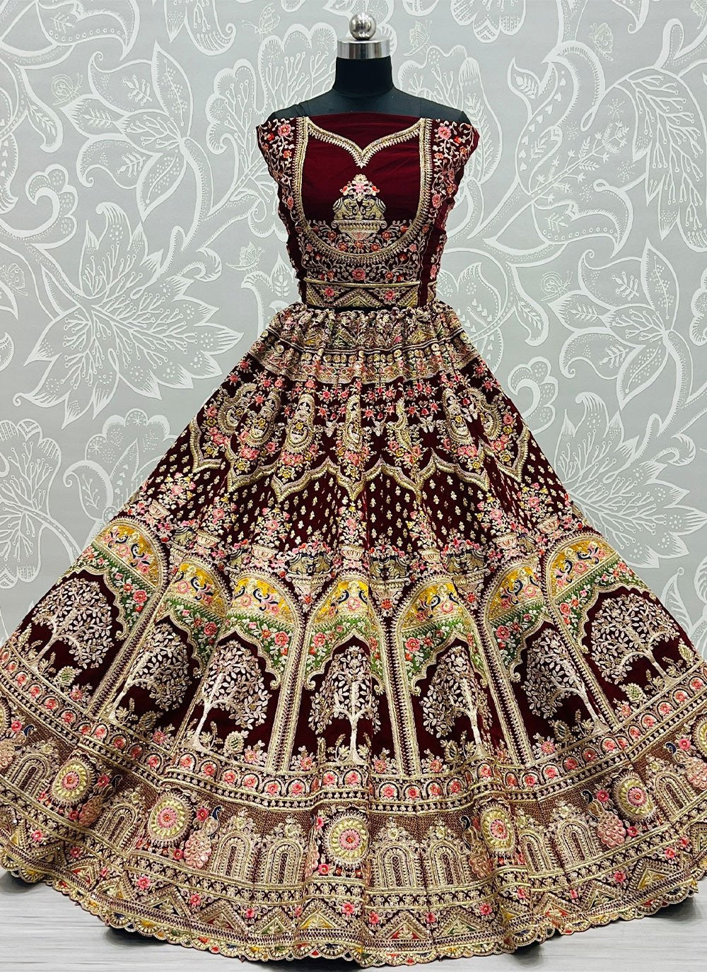 Lehenga Choli Velvet Maroon Diamond Lehenga Choli