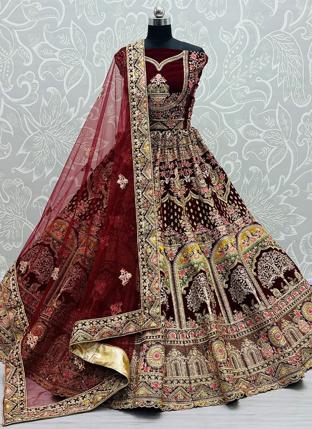 Lehenga Choli Velvet Maroon Diamond Lehenga Choli