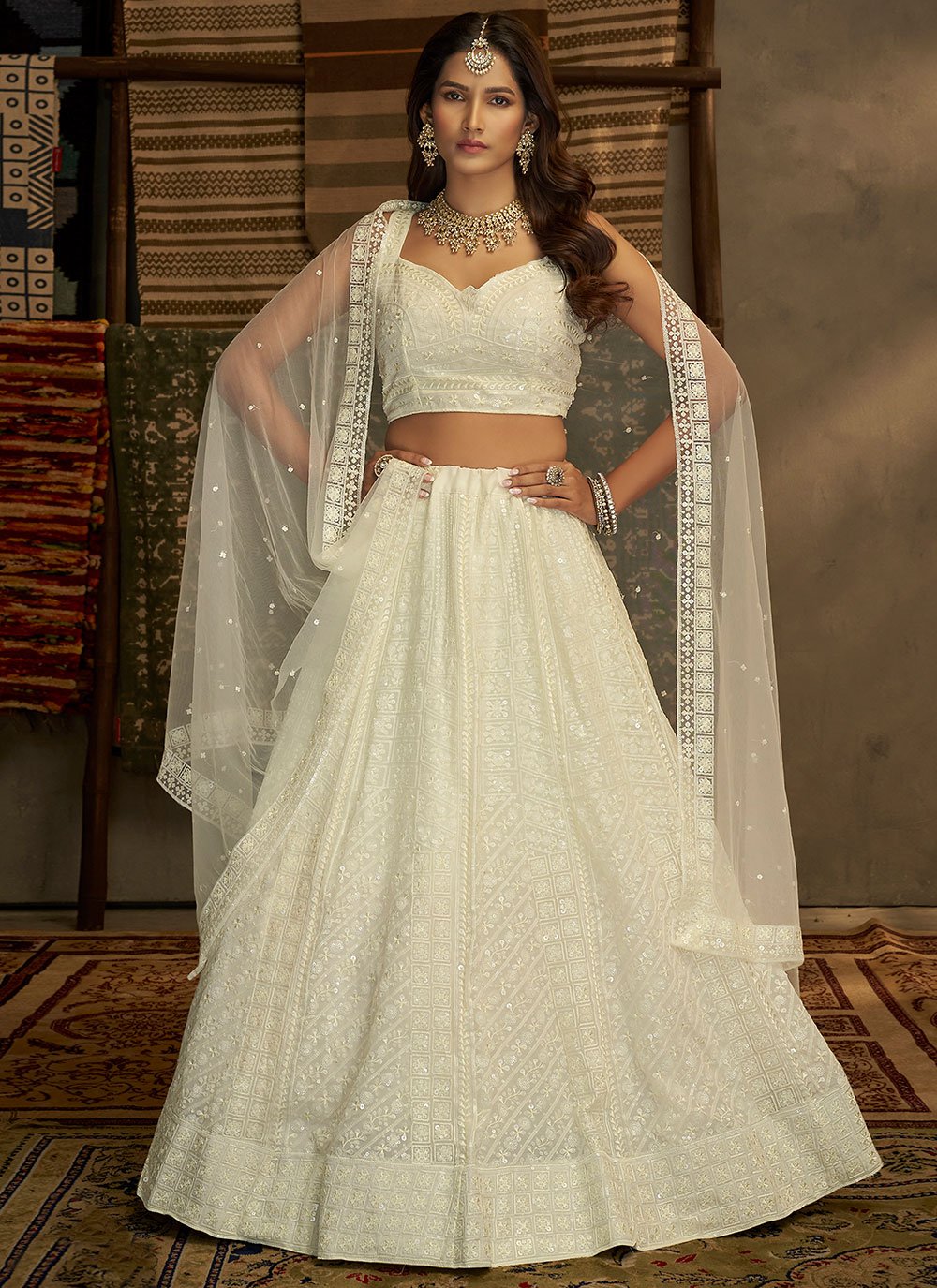 Lehenga Choli Georgette White Sequins Lehenga Choli