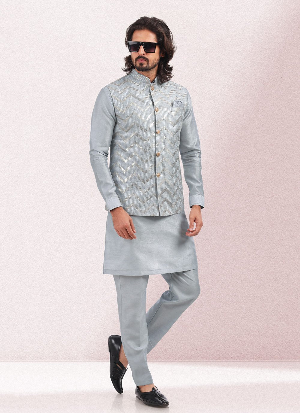 Kurta Payjama With Jacket Art Banarasi Silk Grey Embroidered Mens