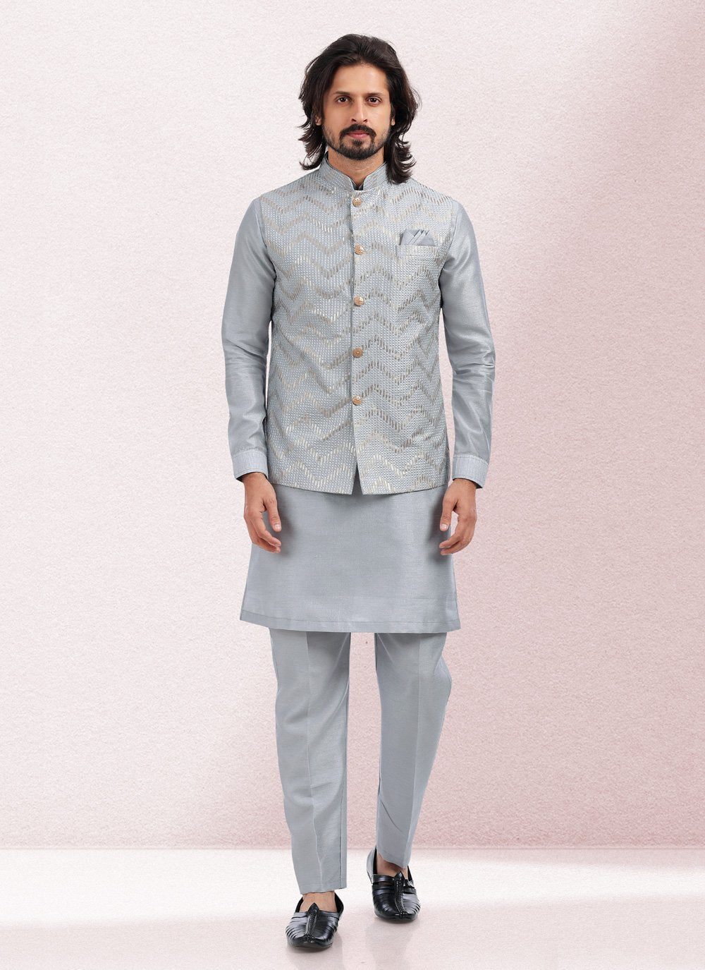 Kurta Payjama With Jacket Art Banarasi Silk Grey Embroidered Mens