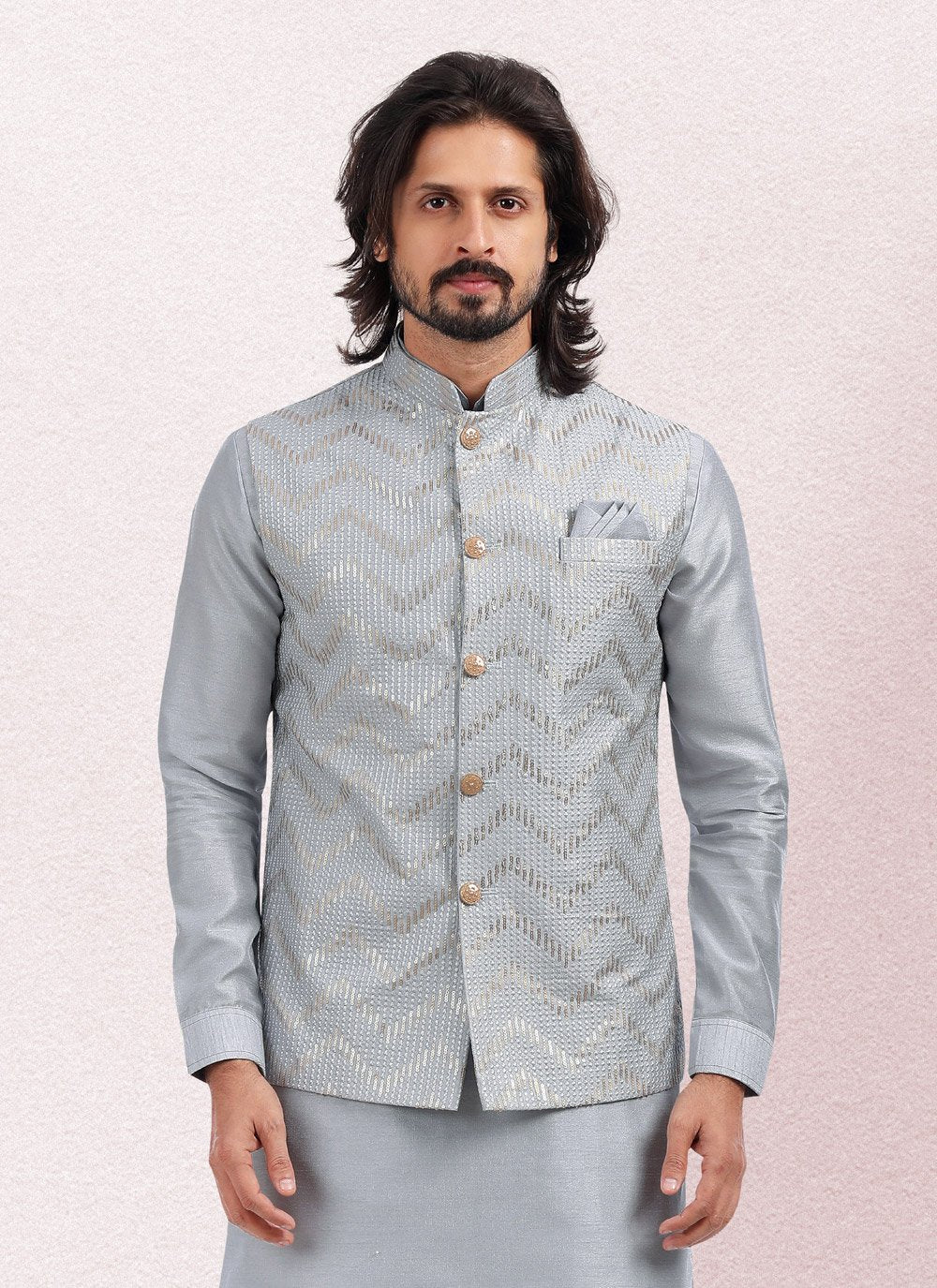 Kurta Payjama With Jacket Art Banarasi Silk Grey Embroidered Mens