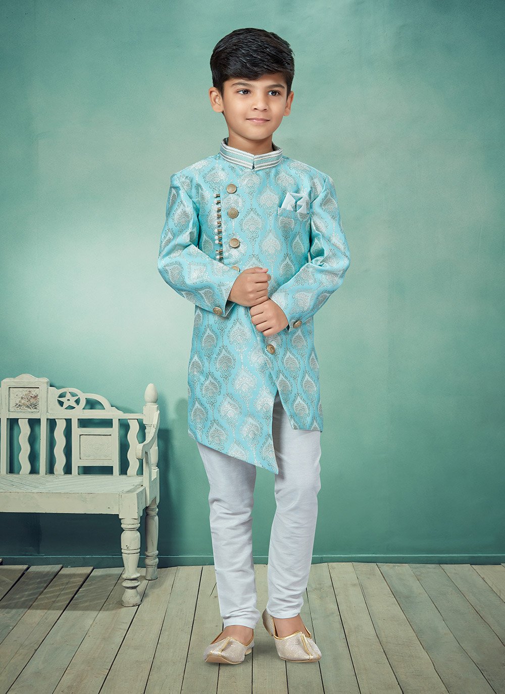 Indo Western Banarasi Jacquard Aqua Blue Stone Kids