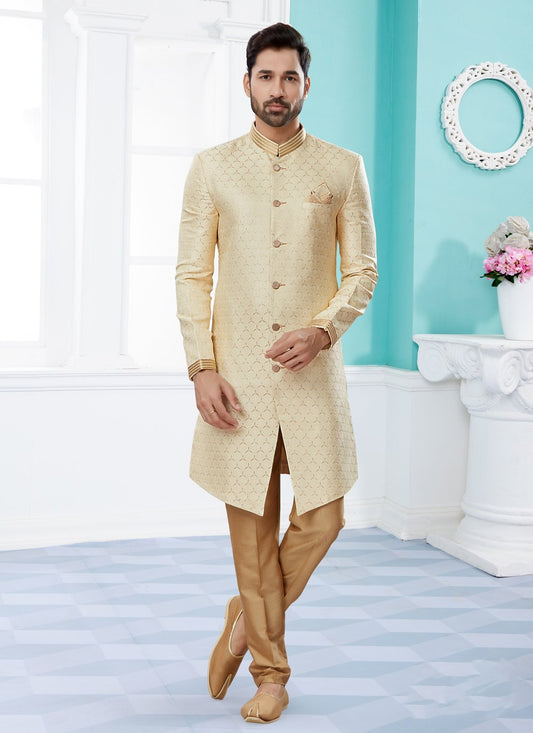 Indo Western Sherwani Banarasi Jacquard Beige Thread Mens