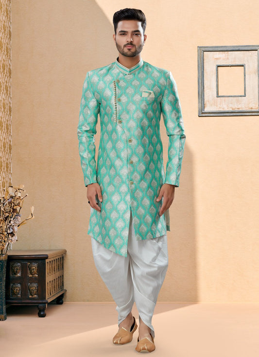 Indo Western Sherwani Banarasi Jacquard Firozi Stone Mens