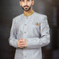 Indo Western Sherwani Banarasi Jacquard Silver Embroidered Mens