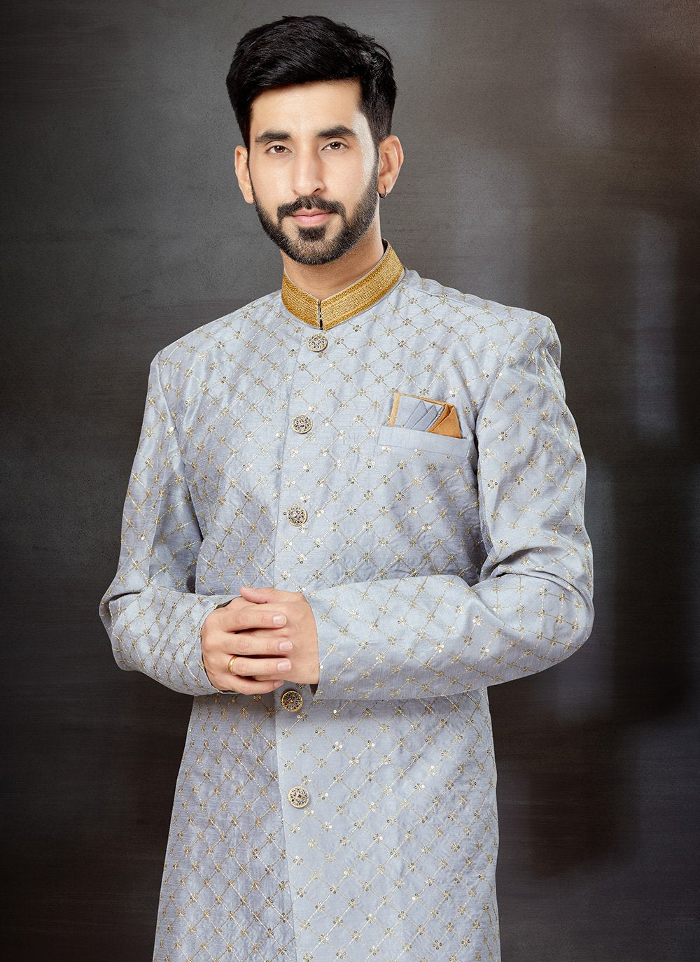 Indo Western Sherwani Banarasi Jacquard Silver Embroidered Mens