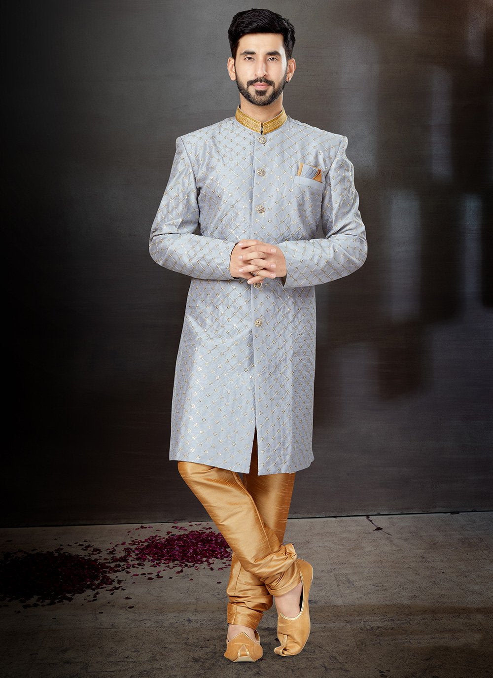 Indo Western Sherwani Banarasi Jacquard Silver Embroidered Mens