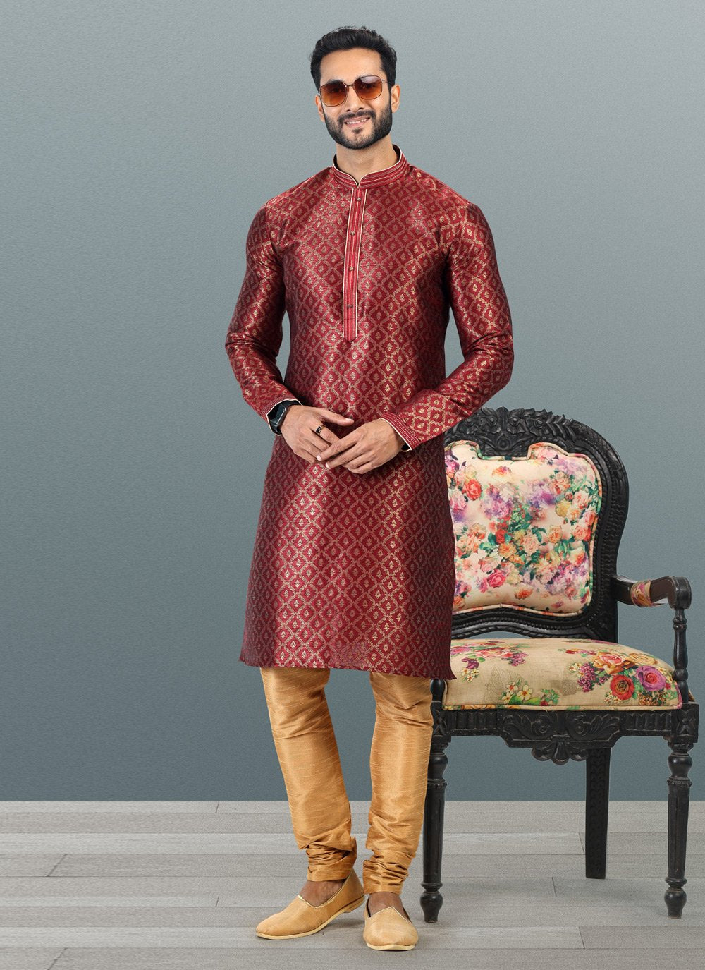Kurta Pyjama Banarasi Silk Jacquard Maroon Fancy Work Mens