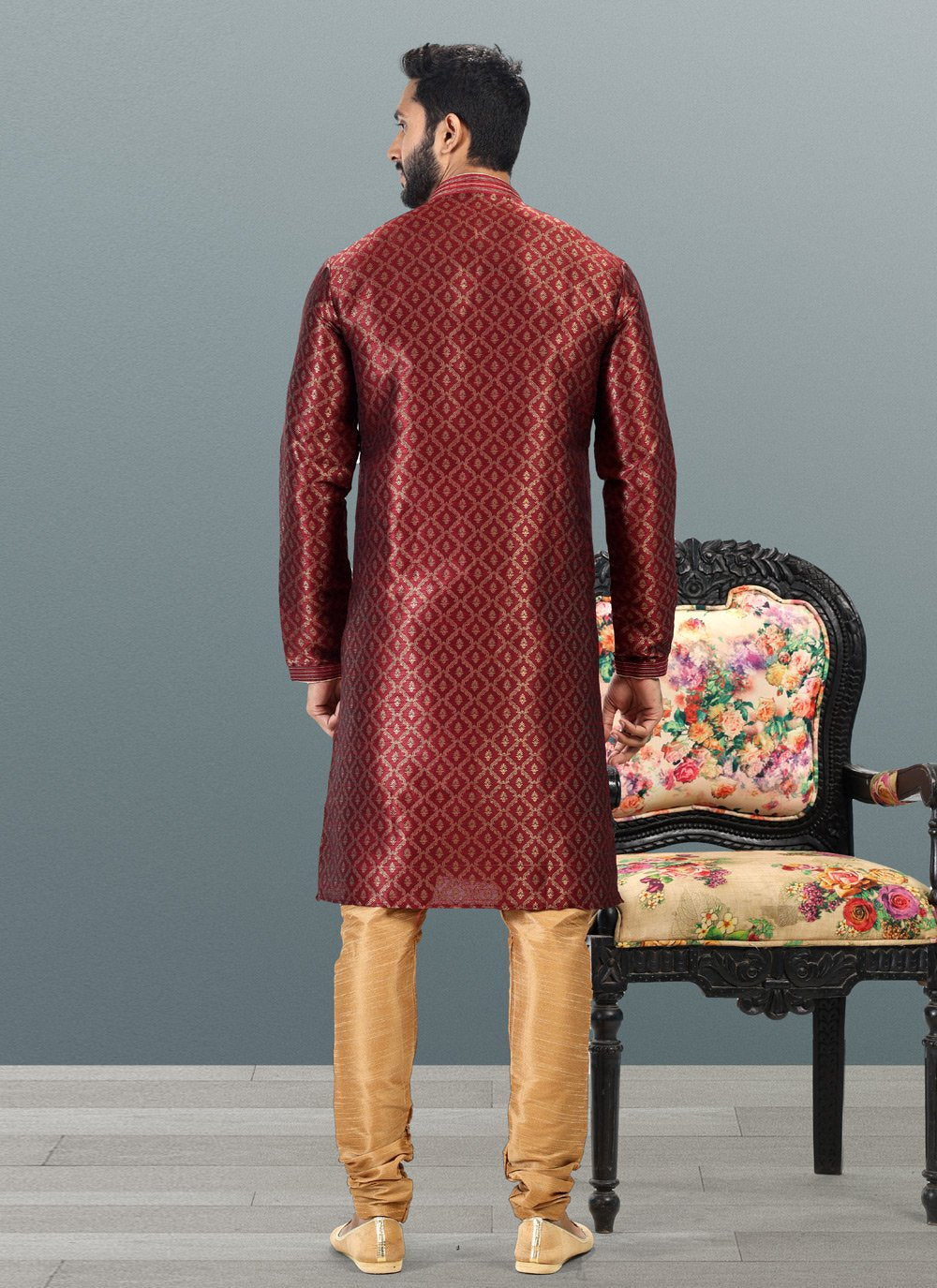 Kurta Pyjama Banarasi Silk Jacquard Maroon Fancy Work Mens