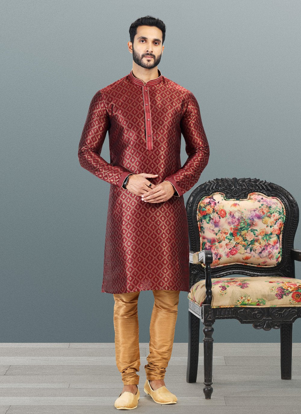 Kurta Pyjama Banarasi Silk Jacquard Maroon Fancy Work Mens