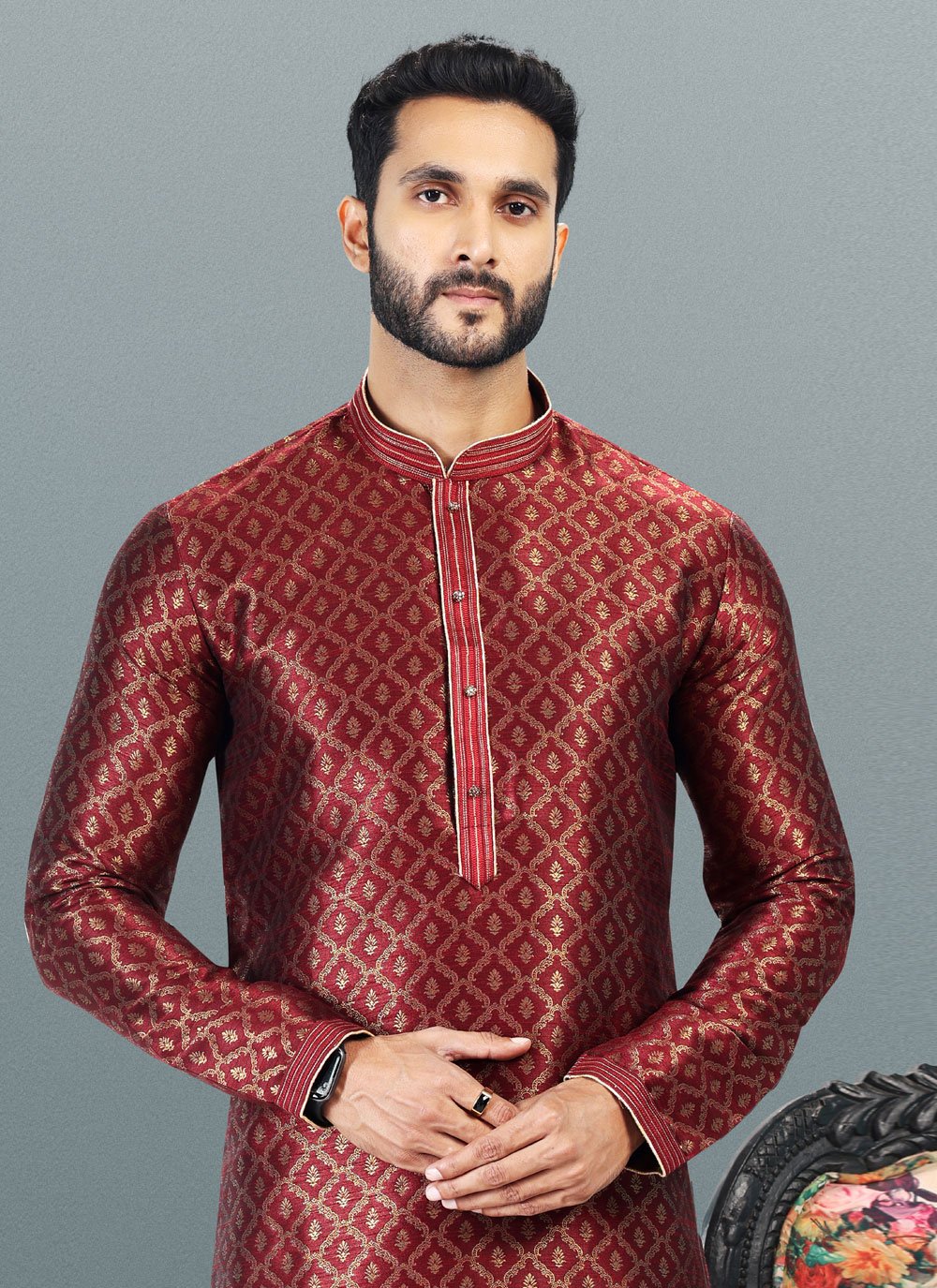 Kurta Pyjama Banarasi Silk Jacquard Maroon Fancy Work Mens