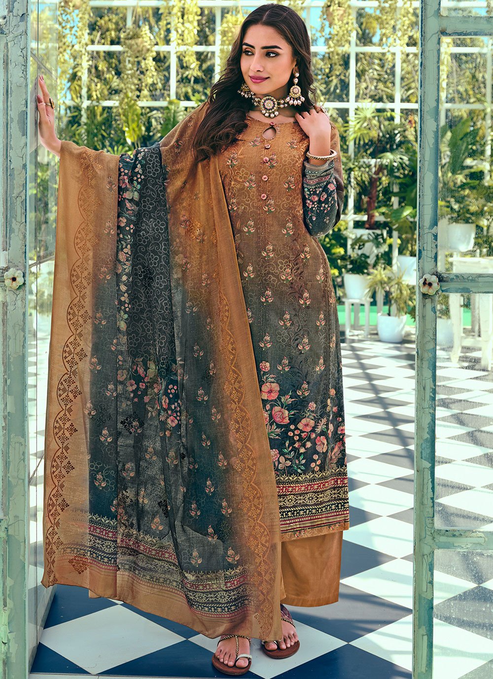 Straight Salwar Suit Blended Cotton Blue Brown Digital Print Salwar Kameez