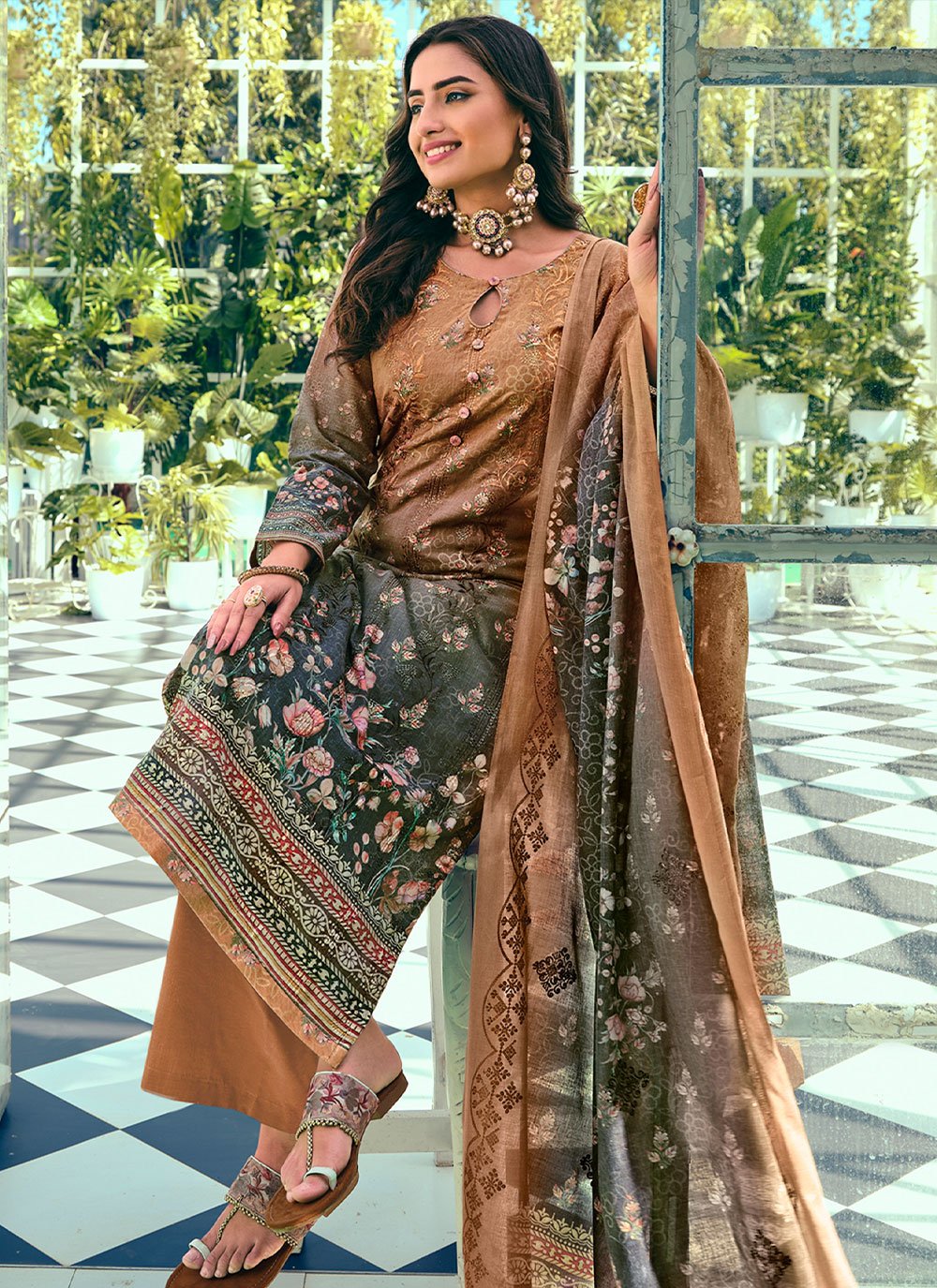 Straight Salwar Suit Blended Cotton Blue Brown Digital Print Salwar Kameez