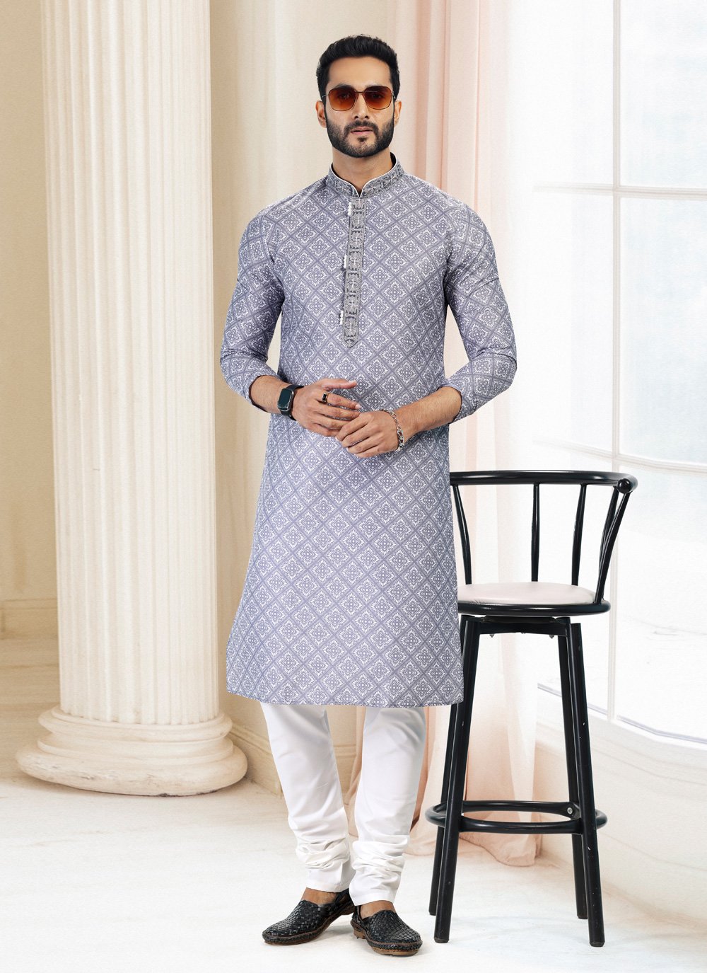 Kurta Pyjama Cotton Grey Fancy Work Mens