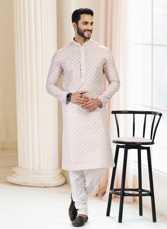 Kurta Pyjama Cotton Off White Fancy Work Mens