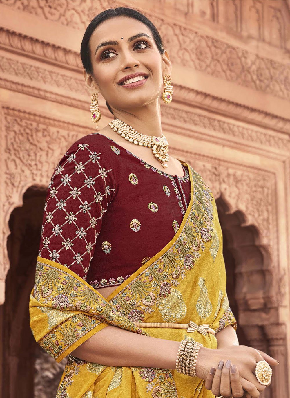 Contemporary Viscose Yellow Jacquard Work Saree