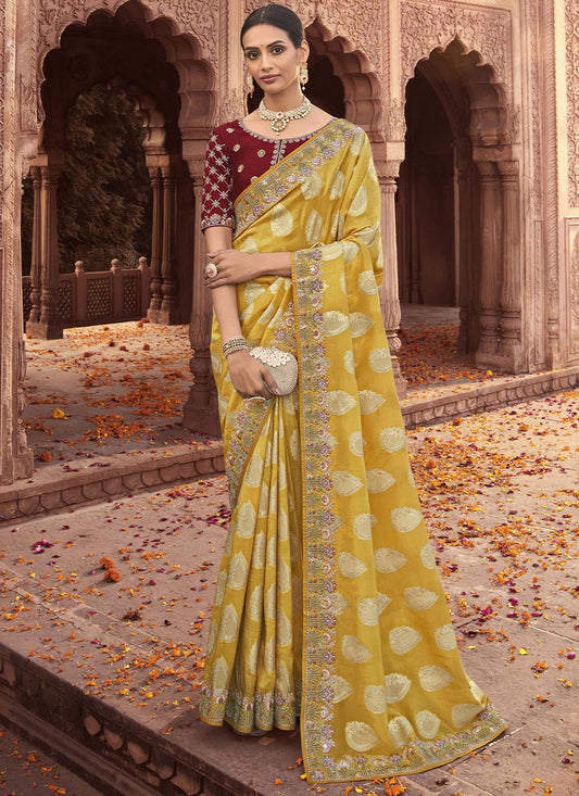 Contemporary Viscose Yellow Jacquard Work Saree