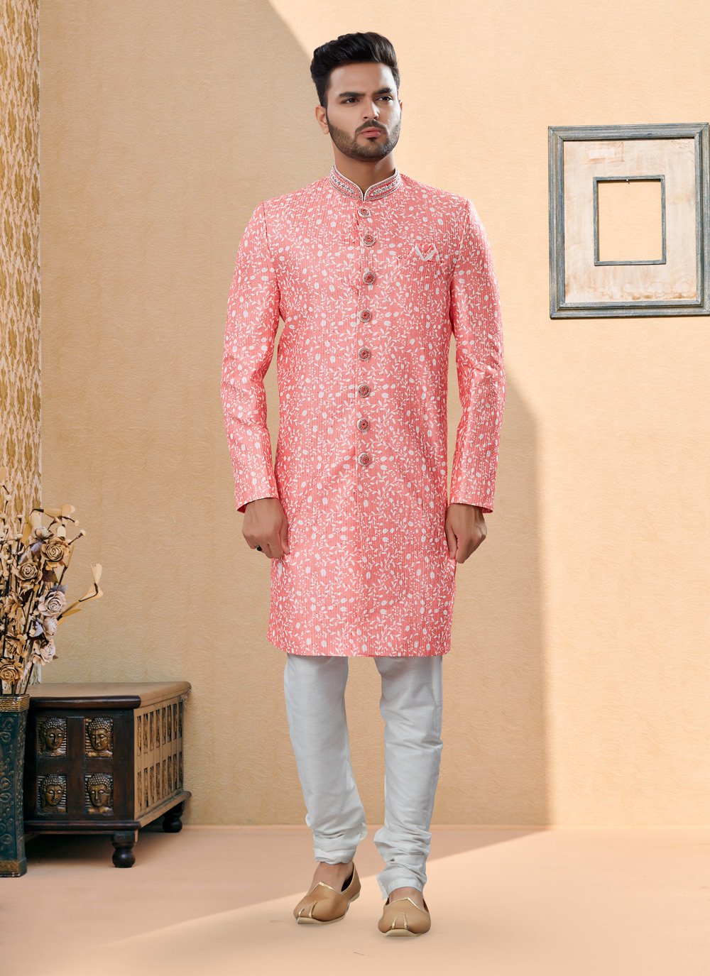 Indo Western Sherwani Fancy Fabric Pink Embroidered Mens
