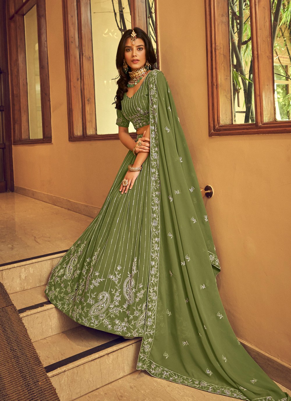 A Line Lehenga Faux Georgette Green Embroidered Lehenga Choli