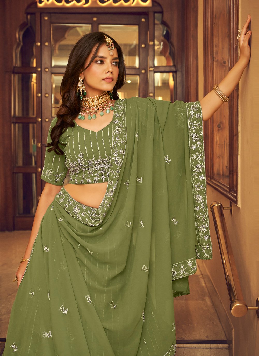 A Line Lehenga Faux Georgette Green Embroidered Lehenga Choli