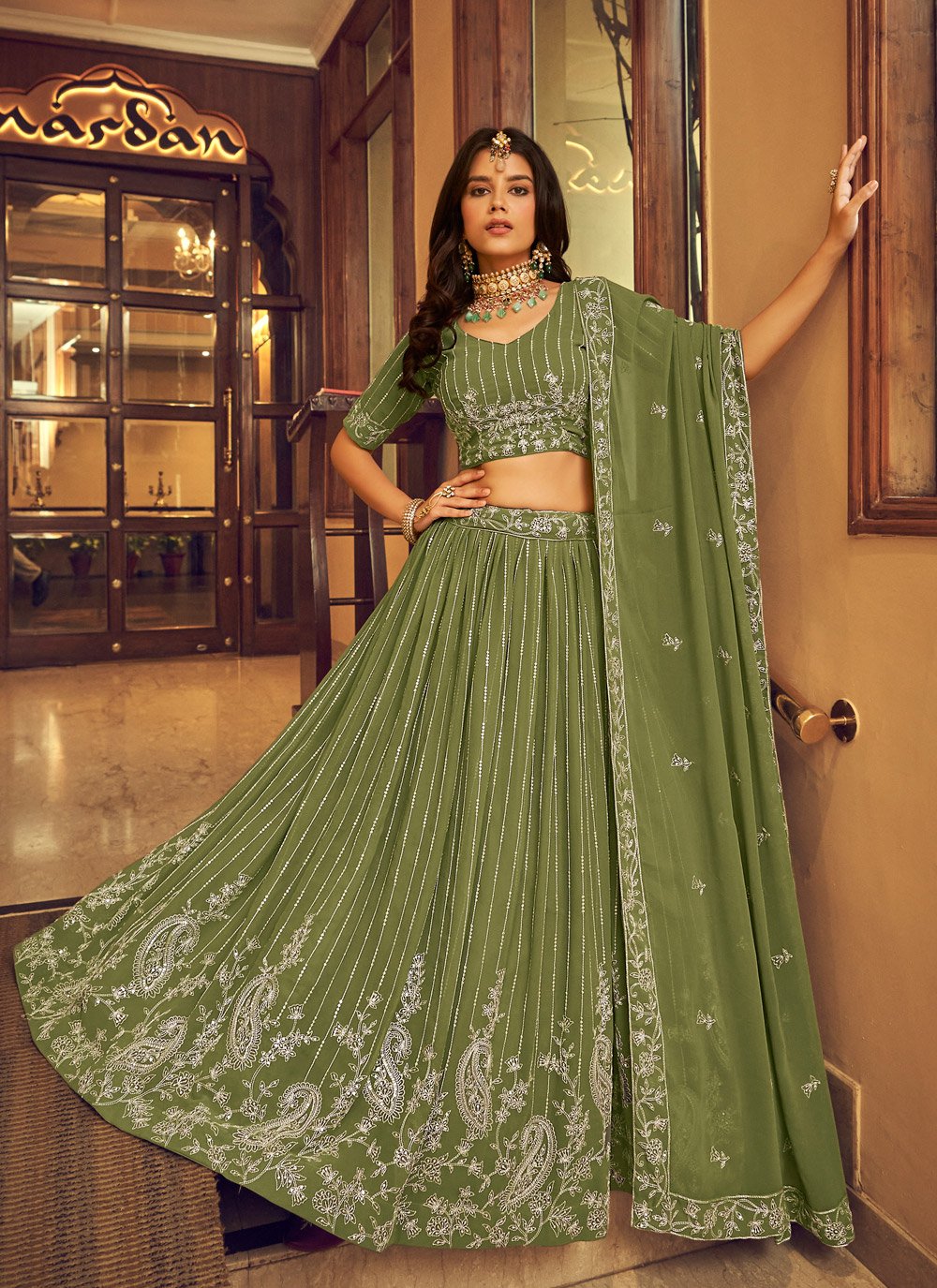 A Line Lehenga Faux Georgette Green Embroidered Lehenga Choli