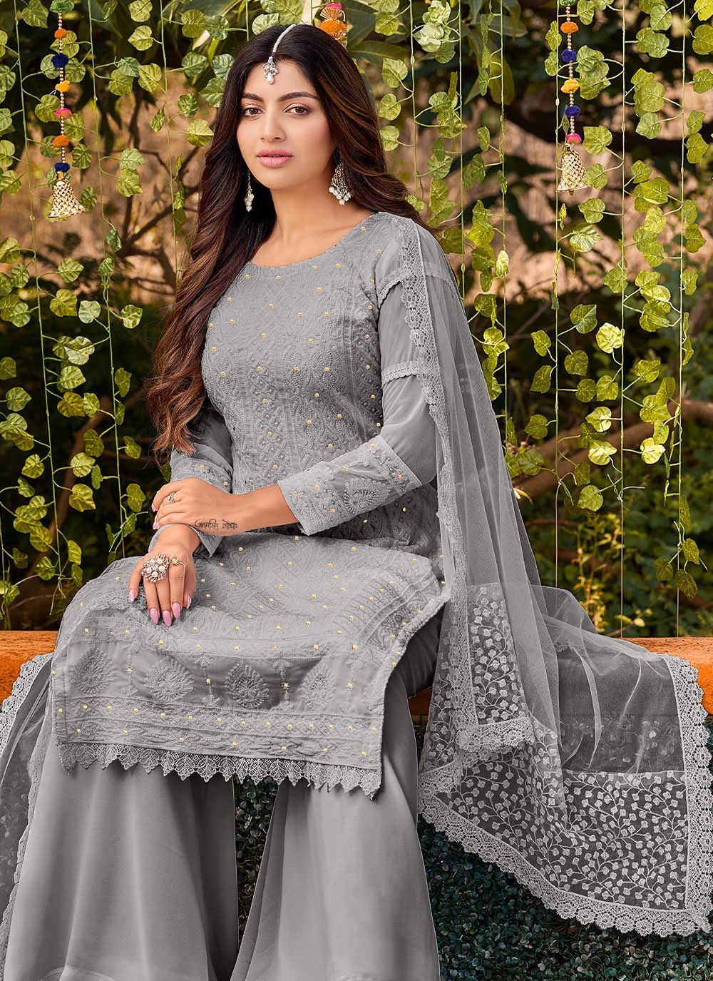 Palazzo Salwar Suit Cotton Faux Georgette Grey Embroidered Salwar Kameez