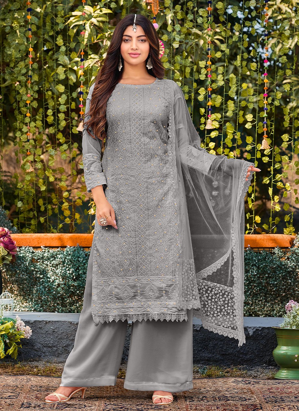 Palazzo Salwar Suit Cotton Faux Georgette Grey Embroidered Salwar Kameez