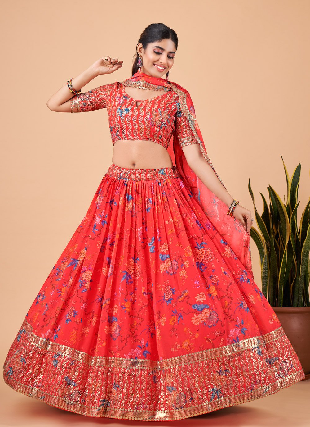 A Line Lehenga Faux Georgette Pink Embroidered Lehenga Choli