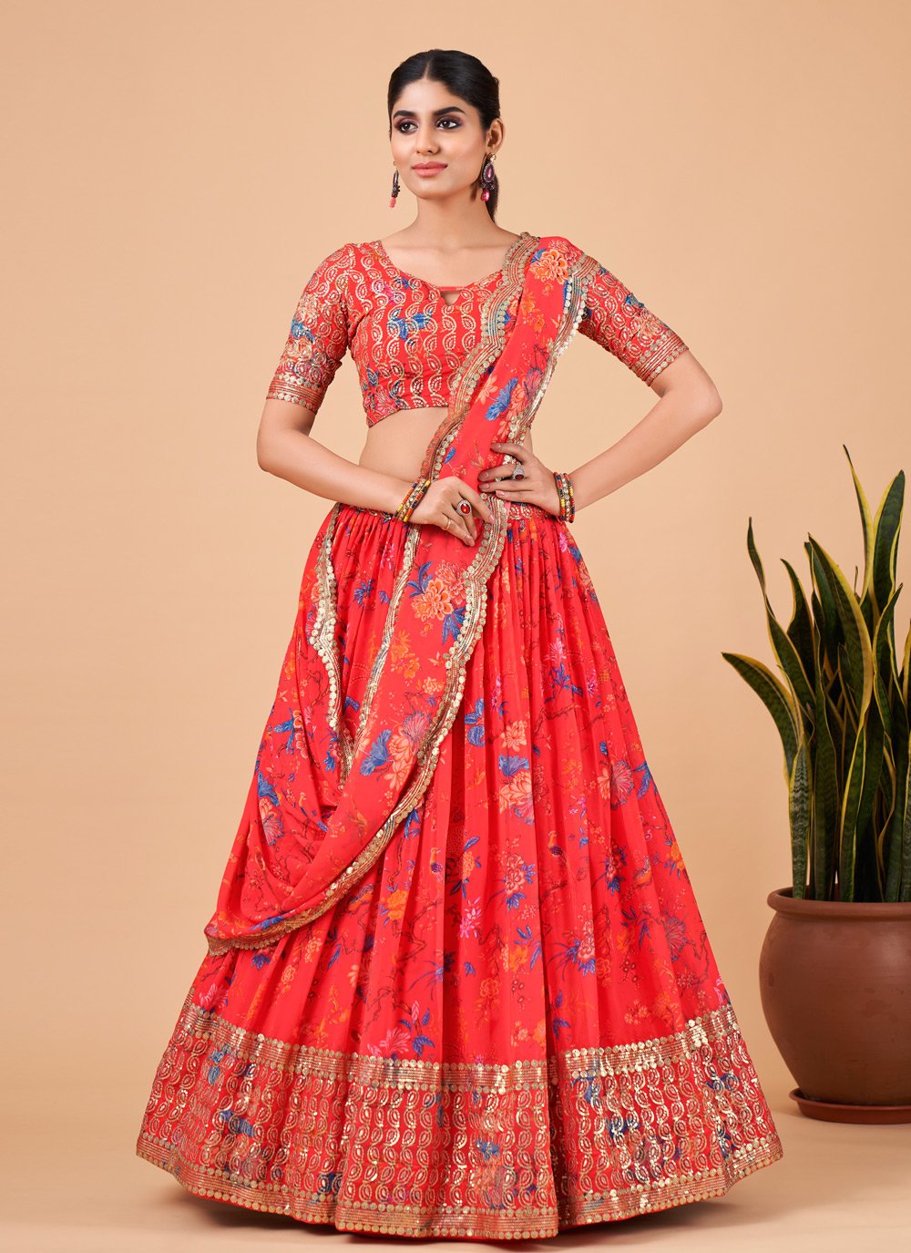 A Line Lehenga Faux Georgette Pink Embroidered Lehenga Choli