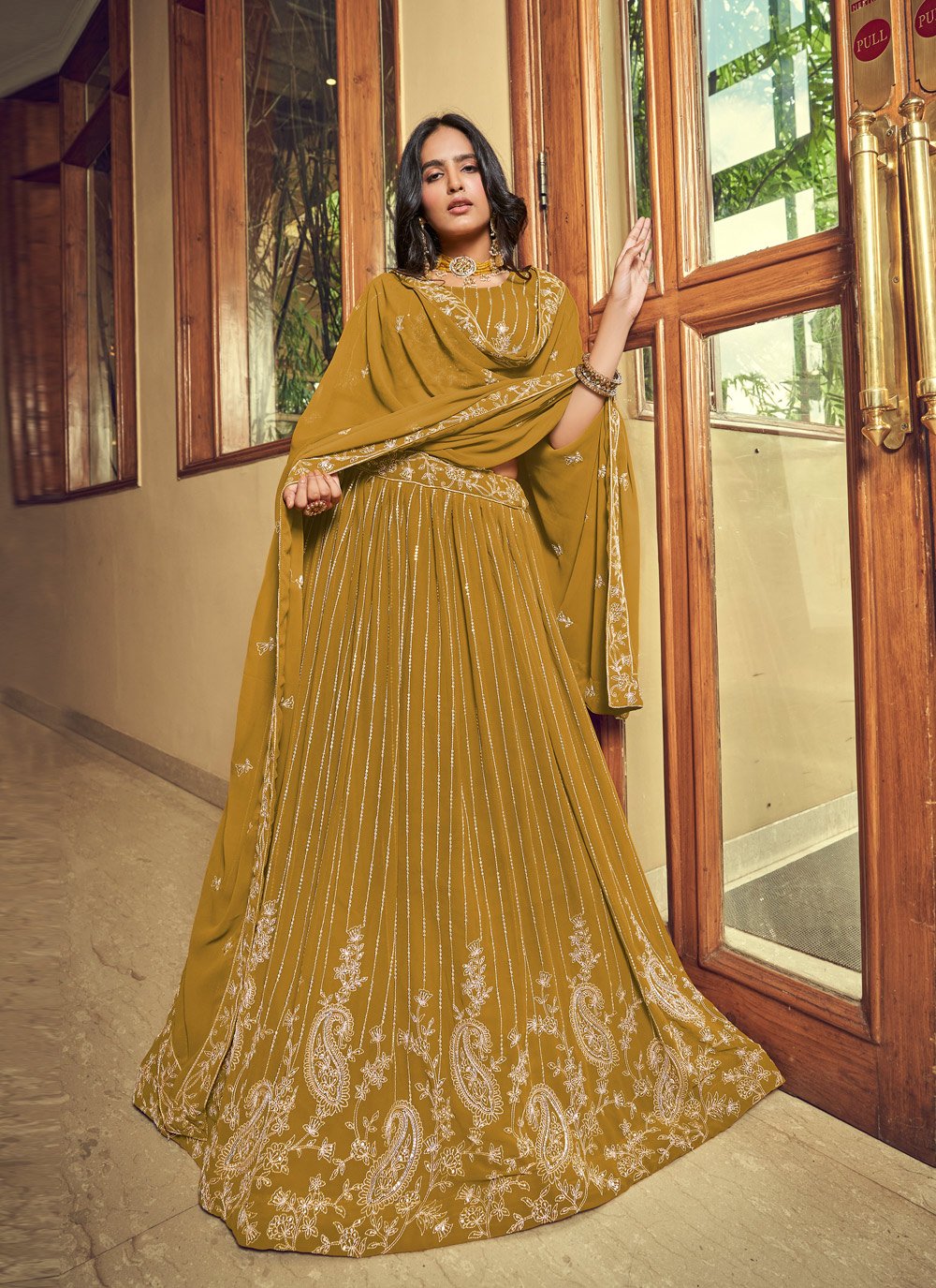 A Line Lehenga Faux Georgette Yellow Embroidered Lehenga Choli