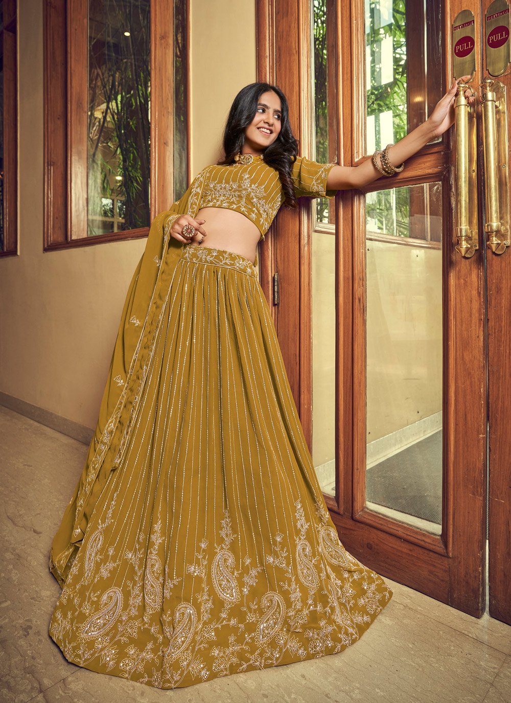 A Line Lehenga Faux Georgette Yellow Embroidered Lehenga Choli