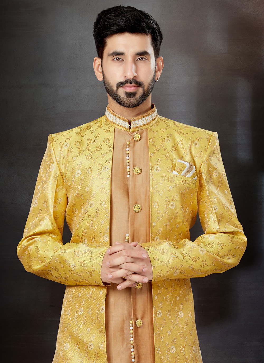 Indo Western Sherwani Jacquard Orange Yellow Embroidered Mens