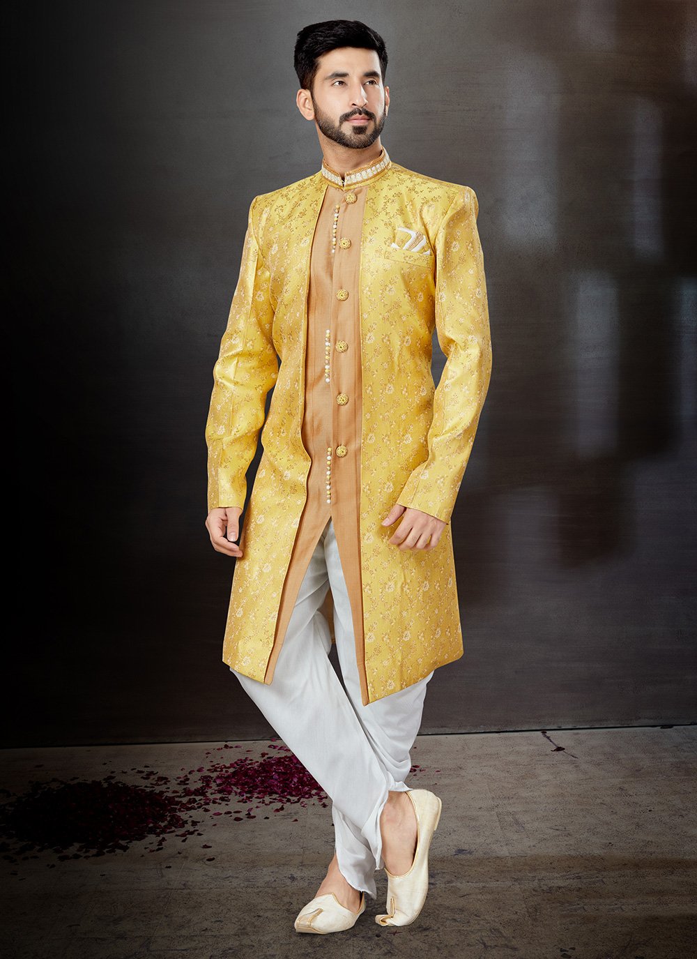 Indo Western Sherwani Jacquard Orange Yellow Embroidered Mens